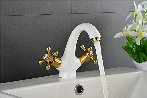MEIEI Bassin robinet Robinets en laiton or thermolaquage blanc antique Eau chaude et froide Mélangeur lavabo rétro salle Waschbeckenamatur