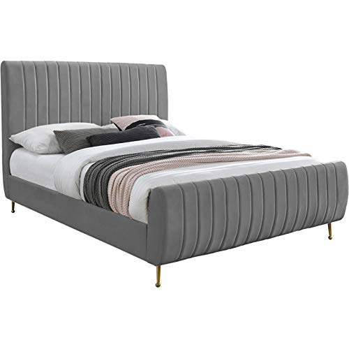 Meridian FurnitureZara Collection Modern | Contemporary Velvet Upholstered Bed with Deep Channel Tufting and Custom Gold Legs, Queen, Grey