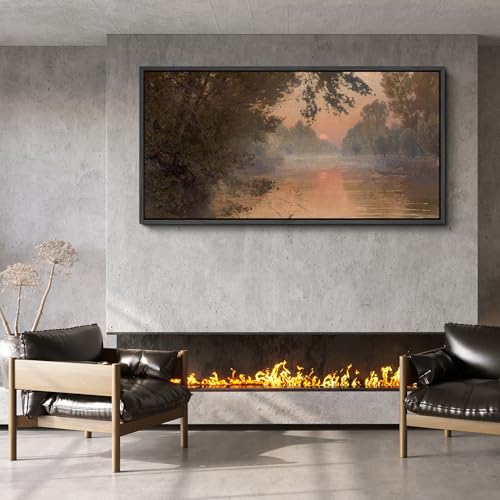 Image of MUDECOR Extra Large Framed Canvas Print Wall Art Serene River Sunset Reflection Soft Nature Landscape Antique Retro Ready to Hang Painting for Living Room Bedroom Multi-Sizes - 60 inchx30 inch