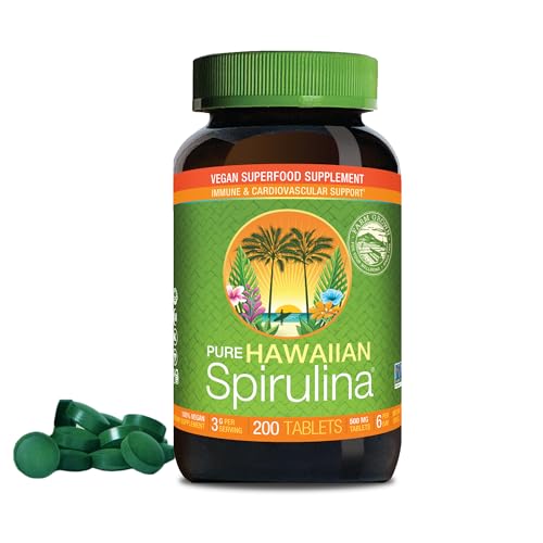 Nutrex Hawaii Pure Hawaiian Spirulina Vegan Superfood 500 mg Tablets Farm Grown in Kona Non-GMO Immune Support & Cellular Energy 200 Count