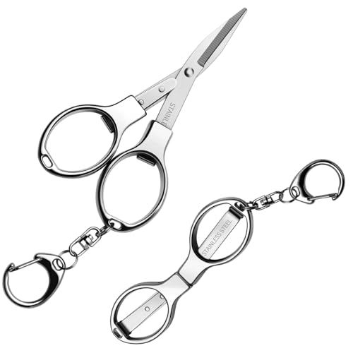 ATIVERE Folding Scissors 2 PCS Foldable Secure TSA Keychain Scissors All Purpose Stainless Steel Retractable Badge Reel Scissors for Office Travel Fishing