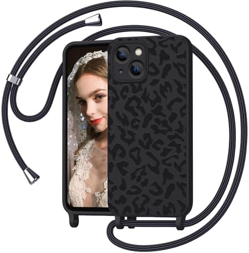 Mosoris Leopardenmuster Handyhülle für iPhone 15 Hülle mit Band, Schwarz | Schutzhülle zum Umhängen, Abnehmbares Lanyard, Rutschfest, kameraschutz,Kratzfest, Sturzsicher, Weiches T
