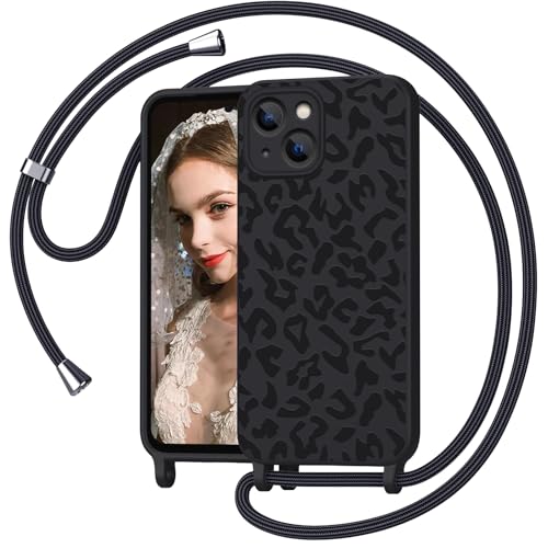 Mosoris Handyband für iPhone 15 Hülle mit Band, Leopardenmuster Silikon Handyhülle mit Kette, Necklace Schutzhülle zum Umhängen Kordel, Liquid Silikon Case für iPhone 15 6.1", Schwarz