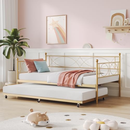 GarveeHome Twin Daybed with Trundle, Metal Twin Size Daybed with Pullout Trundle, Curved Flower-Shaped backrest Day Bed, Space-Saving Sturdy Metal Fra