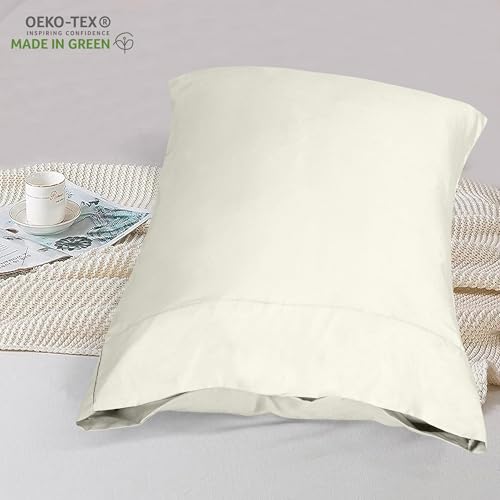 Image of ROYALE LINENS 300 Thread Count 100% Long Staple Combed Cotton Pillowcases Set of 2 - Ultra Soft - Queen Bed Pillow Cover - 20 inchx30 inch - Breathable, Cool & Crisp Percale White Pillow Cases (Queen, Ivory)