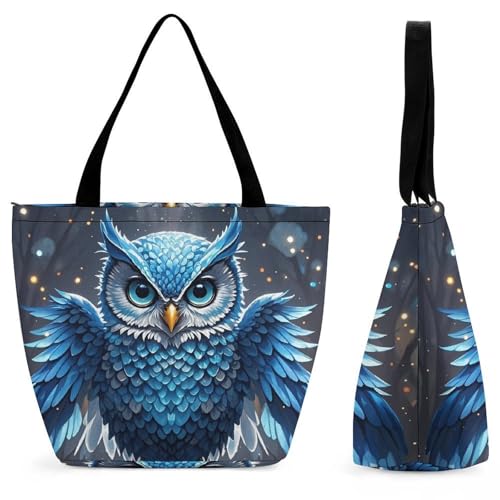 Women Tote Bags with Handles Blue Owl Shoulder Bag with Zipper Handbags Shopping Bags Travel Bag Beach Bag Reusable Grocery Bag for Swim Holiday Gift