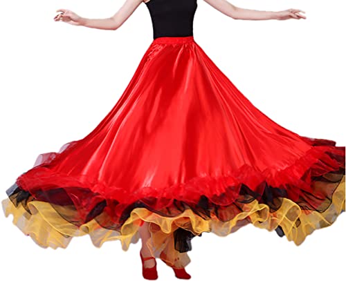CHAGME Ruffle Satin Long Spanish Flamenco Dance Skirt Spanish Dancing Performance Costume for Women