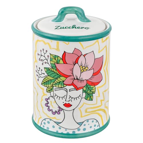 Baroni Home Barattolo Zucchero Decorato in Ceramica con Coperchio Ermetico, Zuccheriera Accessorio da Cucina Colorato Resistente, Linea Stylish, 10,5x10,5x17 cm