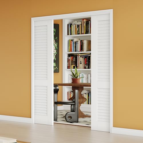 Image of 64 inch x 80 inch Sliding Pocket Door, Louvered Pantry Doors with Frame and Hardware Kit, Interior Door, White Primer Closet Doors - No Panel Assembly Required