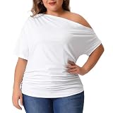 Agnes Orinda Women Plus Size One Shoulder Short Sleeve Ruched Summer Tops