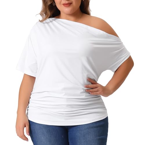 Agnes Orinda Plus Size Tops for Women One Shoulder Short Sleeve Ruched Basic Blouses Summer Tee Tops