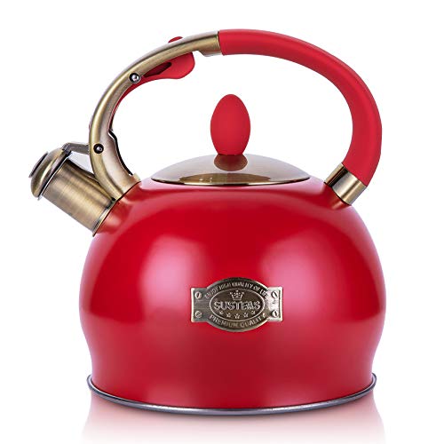Comparison: Best Tea Kettle For Induction Cooktop 9 SUSTEAS Stove Top Whistling Tea Kettle - Food Grade Stainless Steel Teakettle Teapot with Cool Touch Ergonomic Handle, With 1 Silicone Pinch Mitt Included, 2.64 Quart(RED)