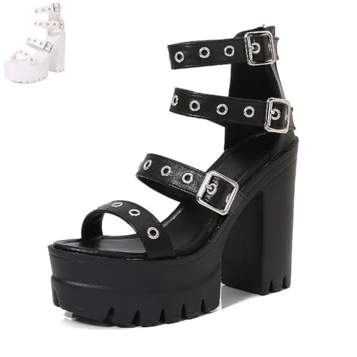 Women's Leather Hollow Out Platform Chunky Heel Roman Sandals Fashion One Bands Round Open Toe Back Zipper Summer Goth High Heel Sandals for Party Wedding