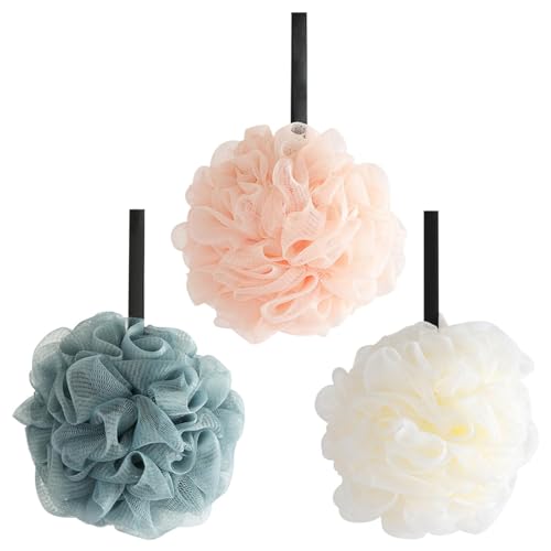 HTRTRR Shower Puff Loofah, 3Pcs Mesh Puff Bath Sponge, Body Exfoliating Mesh Shower Ball, Bath Loofahs Foam Balls Mesh Sponge Shower Body Brush