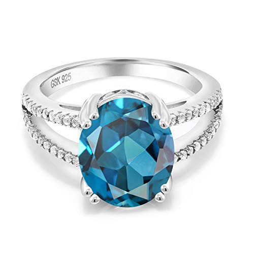 Gem Stone King 5.68 Cttw London Blue Topaz Engagement Ring For Women In 925 Sterling Silver | Oval 12X10MM | Gemstone November Birthstone | Available In Size 5, 6, 7, 8, 93
