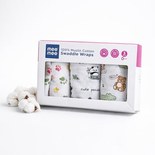 Image of Mee Mee 100% Cotton Muslin Swaddle Wrap for Newborn Baby(100x100 cm)(PK-3) | Soft, Breathable, Lightweight, Quick-Dry, Skin Friendly | Multi-Use Baby Blanket,Nursing Cover,Stroller Cover (Panda)