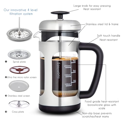 Easyworkz Stainless Steel French Press Coffee Tea Maker with Borosilicate Glass,Soft Grip Handle (350ml, Silver) by Easyworkz - Image 3