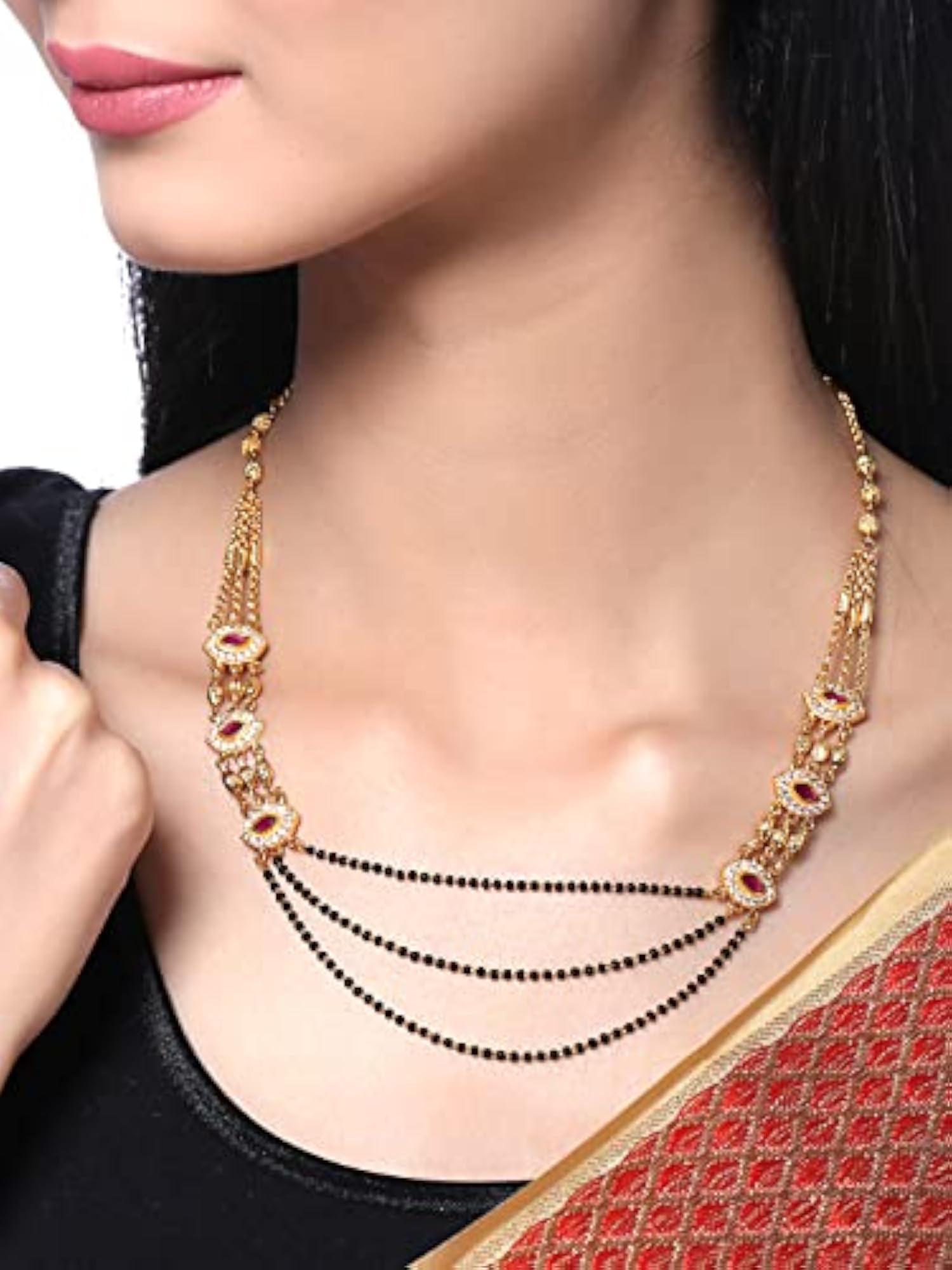 Mangal Sutra with Toned Red Crystal Studded Eye Beads