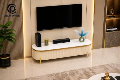 Image of Mazzo Modern TV Unit /Console - 70 inchx12 inchx18 inch White Marble Top with Golden Acrylic, Waterproof Plywood & Charcoal Louvers - Media Cabinet | Modern TV Stand Console Without Storage (Ivory)