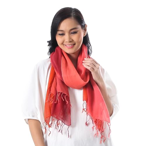 NOVICA Artisan Handmade Cotton Scarves Wrap in Red Pink Orange Pair Accessories Solid Thailand Woven Travel Friendly ' Delightful Breeze in Red' Pair