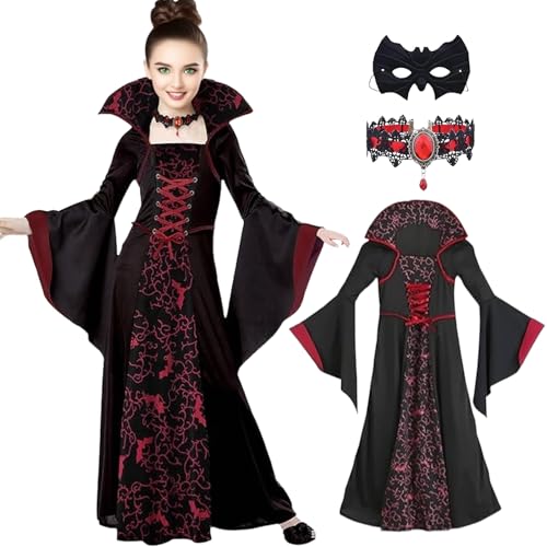 GLEEMEN Disfraz de Vampiro Niña, Disfraz de Bruja Reina Vampiresa con Collar, Vestido Fiesta para Niñas Chicas para Halloween Carnaval Cosplay (110)