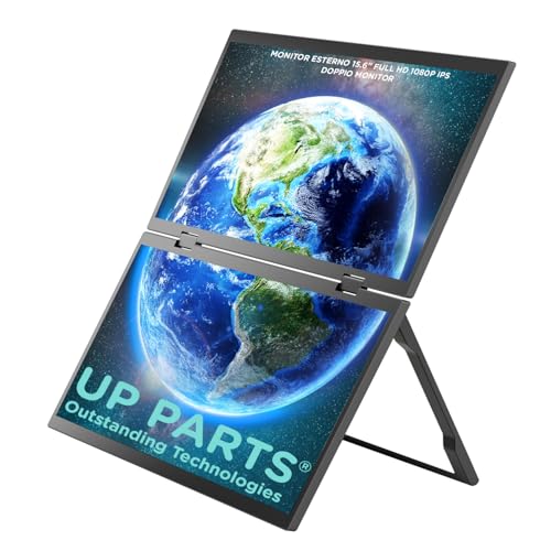 UP PARTS® Monitor Portatile, Doppio monitor portatile, 156PS – 15.6" Alluminio Full HD 1920x1080, IPS, Dual Screen Pieghevole, USB-C e HDMI, Ultra Sottile, Altoparlanti Integrati, Azienda Italiana