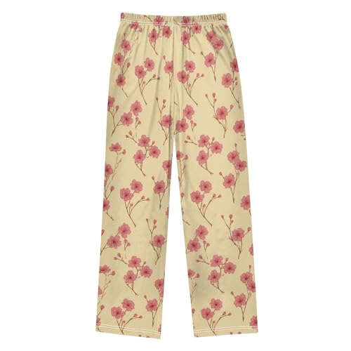Pajama Pants Lounge Sleep PJ Bottoms Sleepwear Elastic Waist Drawstring S Cherry Blossom Yellow2