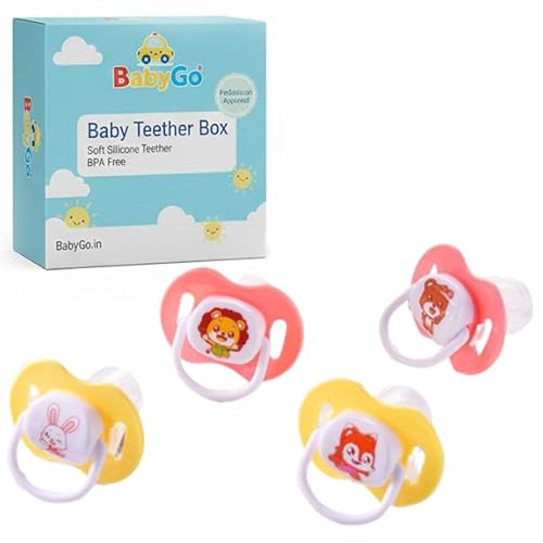 Image of BabyGo Baby Silicone Pacifier Teether for Babies | Soft Nipple | Easy to Clean | BPA Free Pacifier with Airflow Shield | Comfortable Daily Use | 0-18 Months (Pack of 4)
