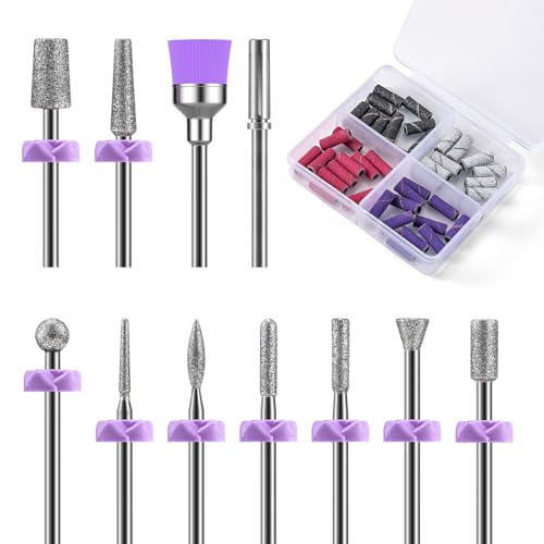 MelodySusie Nagelfräser Aufsätze Set,10 Stück Diamant Fräser Nägel Bit Set + 1 Stück 3.1mm Mandrel Bits + 40 Stück Schleifhülsen Schleifkappen, Professionelle Nagelfräser Bits für Maniküre Pediküre