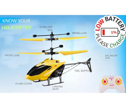 Image of RC Helicopter with Hand Gravity Sensor for Kids Flying Remote Control Toy, Chargeable LED Light & Smart Safety Sensor, Indoor Outdoor Play, for Boys & Girls - Pack of 1 (Yellow)