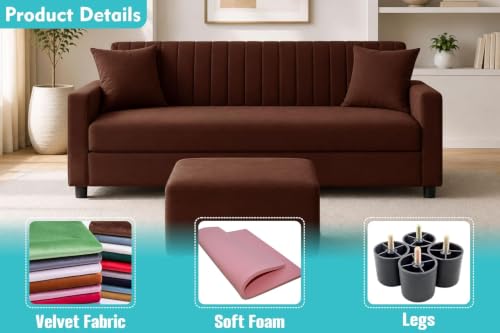 Image of Urban Decor 3 Seater Wooden Sofa Set with Matching Ottoman, Modern Channel Tufted Velvet Fabric Couch for Living Room-Brown