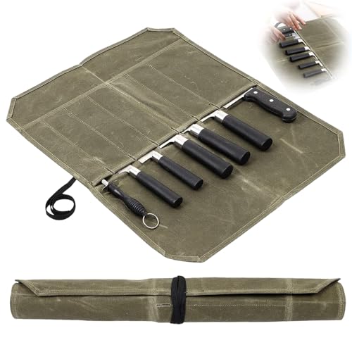 GYMMFK Knife Roll for Chefs 7 Slots Waxed Canvas Knife Bag Case for Pro Chefs or Culinary Enthusiasts Large Capacity Easy Carry (Army Green)