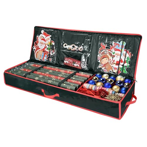 Almacenamiento para papel de regalo de Navidad, bandeja de almacenamiento duradera debajo de la cama, bolsas de almacenamiento para papel de regalo con bolsillos para cintas, decoraciones y accesorios