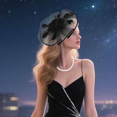 قبعات فاسيناتورز للنساء من تزويق، شريط راس شبكي مزين بالريش واللؤلؤ، مشبك شعر اسود، لحفلات الشاي وحفلات الزفاف، اكسسوارات انيقة للبنات والنساء