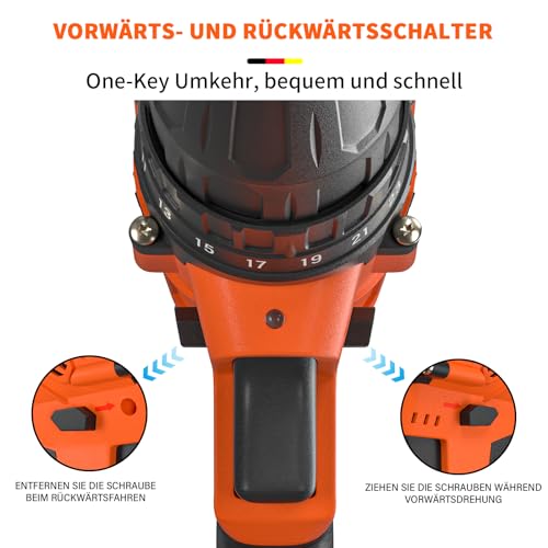 21V Akku Bohrschrauber Set mit 1 Akkus 1,5Ah, Orange Akku Bohrmaschine Set für Bohrwände, Holz, Metall, Akkubohrer 45Nm 25+1 Drehmomentstufen, LED und Koffer, 2-Gang, 29 Stück Zubehör – Bild 5
