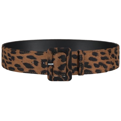 VONMELLI Women Wide Velvet Belt for Dresses Leopard Thick Chunky Waist Belt with Vintage Square Buckle L