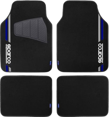 Sparco Set mit 4 Universalmatten in Schwarz und Blau, 2 vorne mit Logo und 2 hinten für Autos