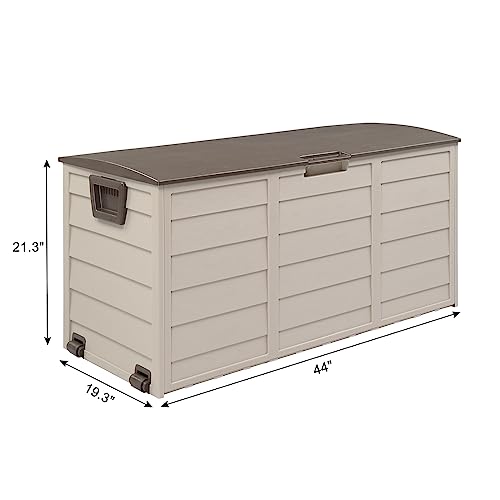 EPOFIT 75 Gallon Resin Deck Box, Waterproof Outdoor Storage Box with Wheels, Lockable Lid and Handles, Large Deck Storage for Outdoor Gear, Patio Furniture Cushion, Gardening Tools, Brown