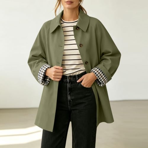 Trench Coat Women Button Front Casual Coats Fall Jackets with Plaid Cuff - image 2