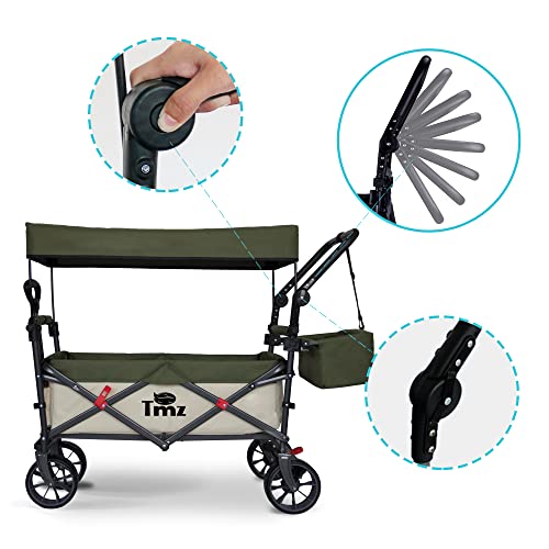 TMZ Bollerwagen faltbar mit Dach Handwagen Transportkarre Gerätewagen Strandwagen Mit Hinterradbremse | klappbar | Vollgummi-Reifen | bis 120 kg Tragkraft, Beige/Grün – Bild 6