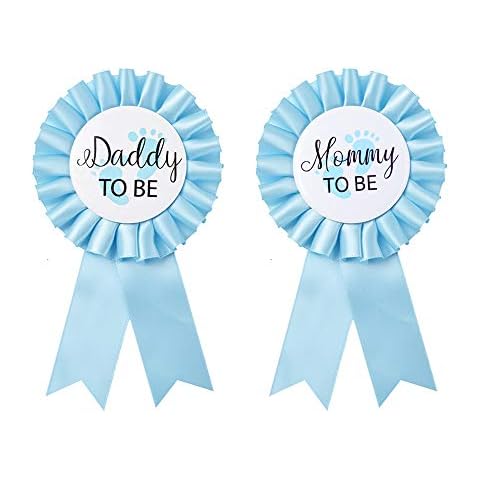Daddy to be & Mom to be Tinplate Badge Pin - Baby Shower Button New Dad Gifts Gender Reveals Party Baby Boy Blue Rosette Button Baby Celebration (Sky Blue) Cover