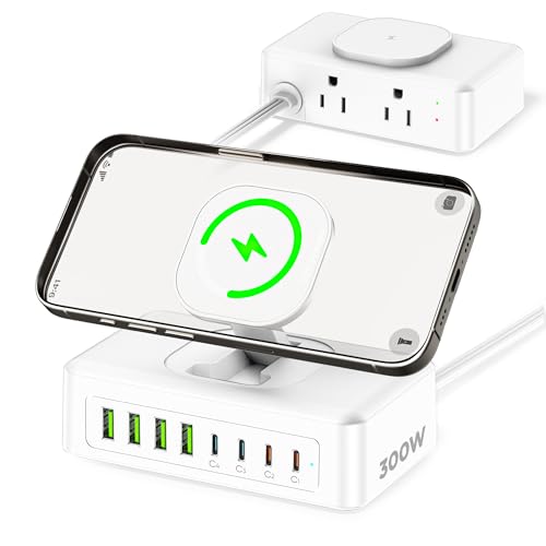 300W USB Charging Station, 11-in-1 USB C Power Strip Surge Protector, 2AC Outlets & 8USB Ports, 5ft Flat Plug Extension Cord with Multiple Devices, Desktop Charger for Home Office Desk
