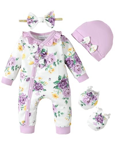 Image of 3-6 Months Baby Girl Purple Romper Fall Clothes Long Sleeve Baby Jumpsuit Winter Coming Home Outfits Flower Baby Girl Stuff