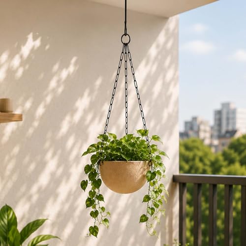 Image of Go Hooked Henri Hanging Planter Pot for Indoor & Outdoor Plants Pack of 5 | 7 Inch Plastic Hanging Pots with Metal Chain | Decorative Round Hanging Planter for Balcony, Garden & Home Decor (Sandstone)