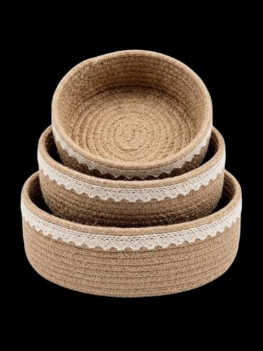 Image of Designer Jute Rope Storage Basket Set of 3| Fruit Basket | Shelve Storage | Hamper Basket |Organiser For Cosmetic /Jewellery With Lace Trim (Beige, Set Of 3, S,M,L)