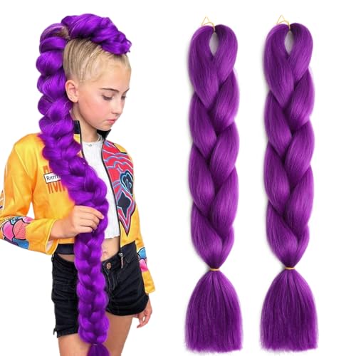 2PCS Purple Hair Extensions for Braiding Pre Stretched Purple Hair 24Inch Braiding Wig Suit for Costume Halloween Cosplay Stage Party Gift for Women Girls