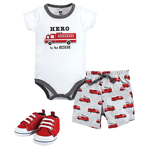 Image of Hudson Baby Unisex Baby Cotton Bodysuit, Shorts and Shoe Set