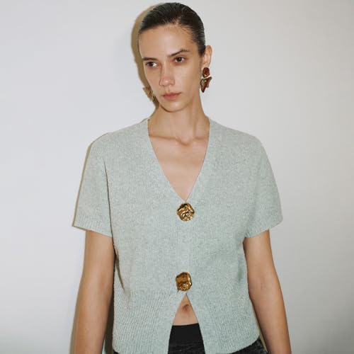 Image of URBAN REVIVO Women's Cardigan Sweaters Short Sleeve V Neck Gold Button Down Cropped Knit Casual Summer Tops
