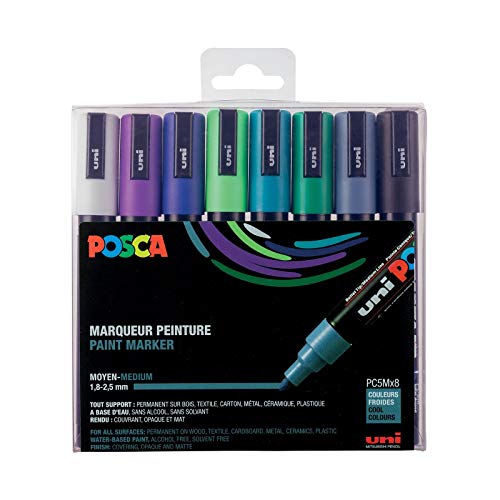 POSCA Mitsubishi Pencil - 8 Marqueurs PC5M - Pointe Conique - Couleurs Froides Pointe Moyenne - Marqueurs Peinture à Base d'Eau - Tout Support - Pour Papier, Textile, Verre, Galet, Bois