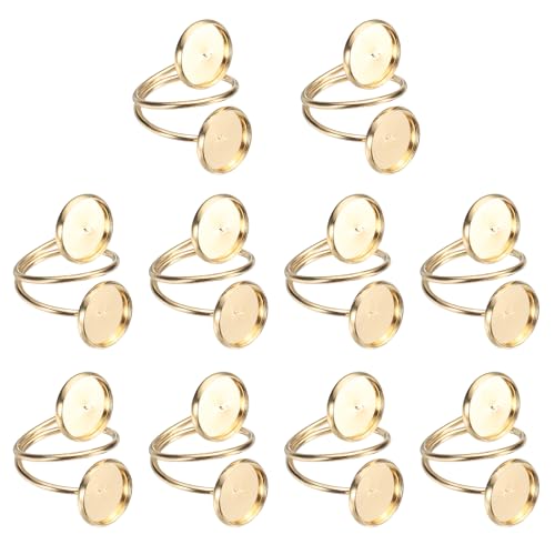 sourcing map 10 anillos en blanco, anillo de dedo ajustable con base en blanco de acero inoxidable abierto bisel, bandejas redondas de 12 mm para hacer joyas, manualidades, oro champán